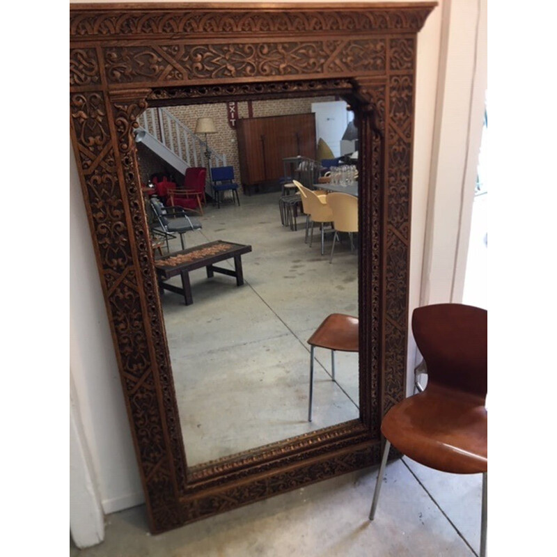 Large vintage mirror with carved wood frame 1950s