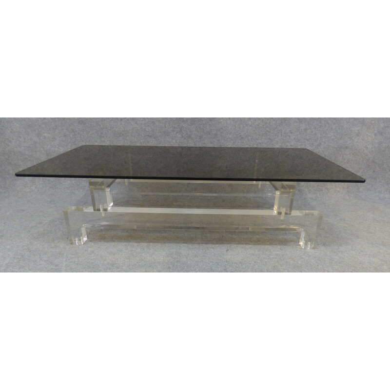 Vintage coffee table in glass and plexiglass base by Michel Dumas, 1970