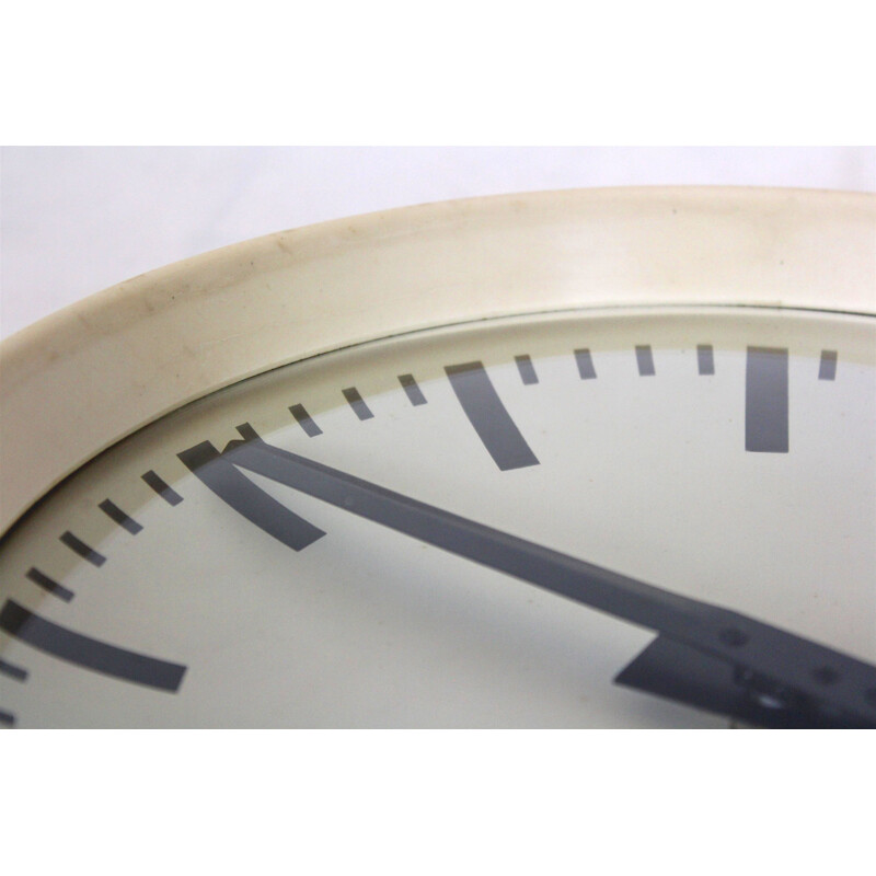 Vintage white bakelite railroad clock by Pragotron, 1950