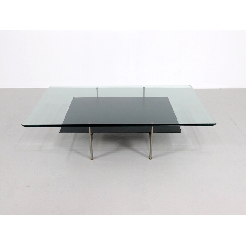 B & B Italia "Diesis" coffee table in glass and leather, A. CITTERIO and P. NAVA - 1970s