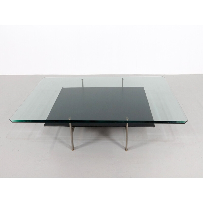 B & B Italia "Diesis" coffee table in glass and leather, A. CITTERIO and P. NAVA - 1970s