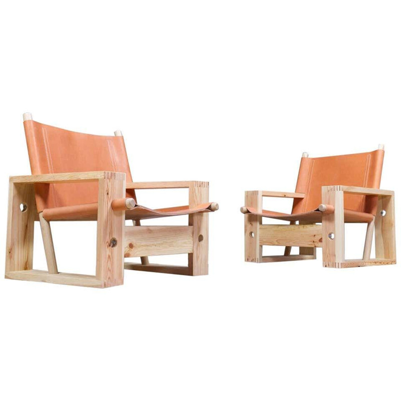 Pair of vintage Ate Van Apeldoorn Lounge Chairs in Pine and Leather 1960s