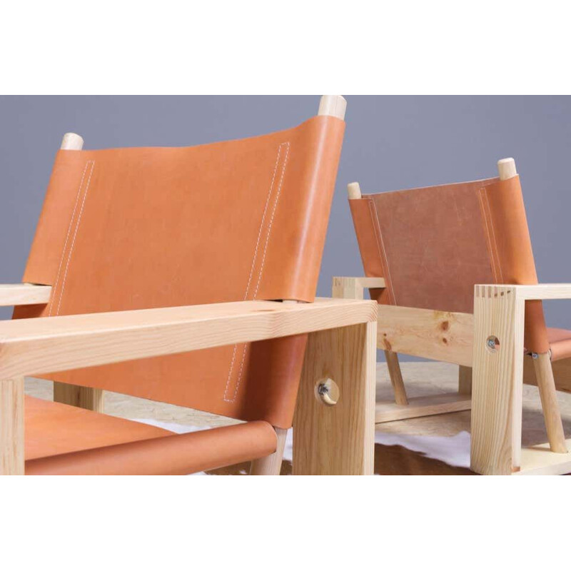 Pair of vintage Ate Van Apeldoorn Lounge Chairs in Pine and Leather 1960s