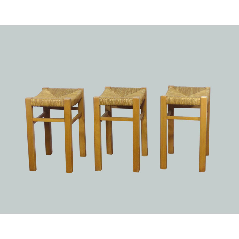 Set of 3 vintage straw stools 1950s