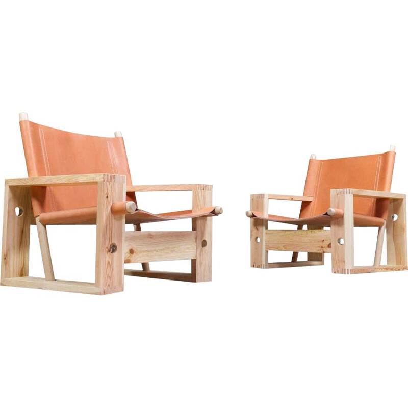 Pair of vintage Ate Van Apeldoorn Lounge Chairs in Pine and Leather 1960s