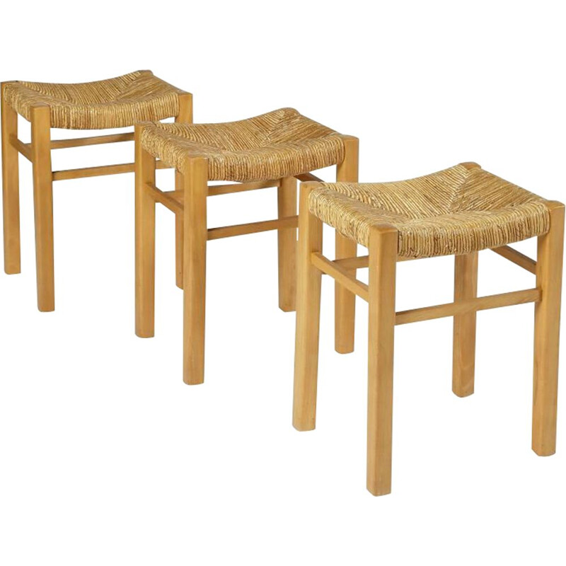 Set of 3 vintage straw stools 1950s
