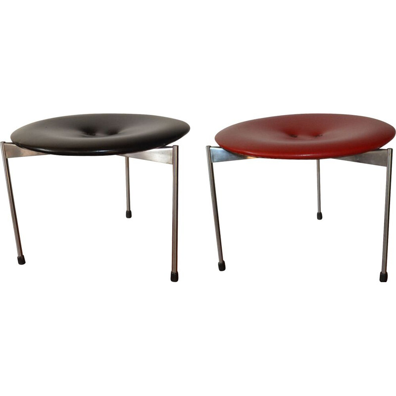 Pair of vintage Red & Black Vinyl Stools by Uno & Östen Kristiansson for Luxus 1962s