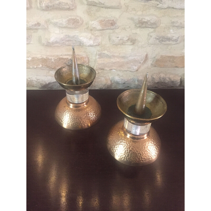 Pair of vintage Art Deco hammered bronze candlesticks