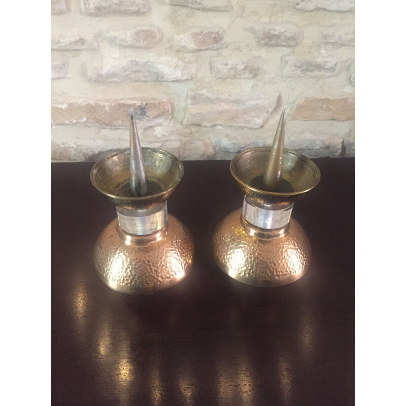 Pair of vintage Art Deco hammered bronze candlesticks