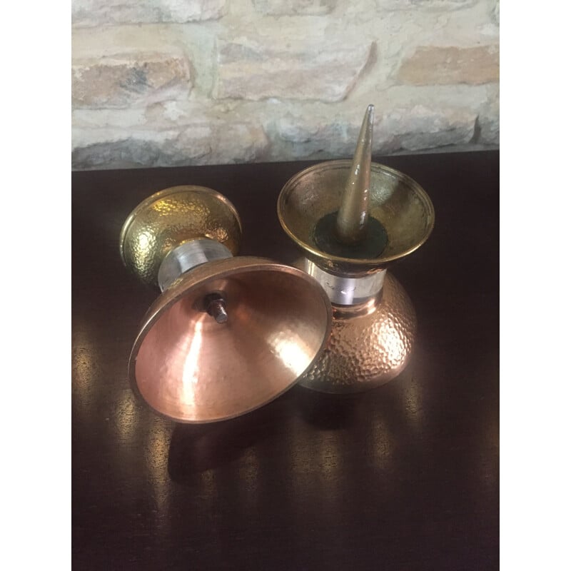 Pair of vintage Art Deco hammered bronze candlesticks