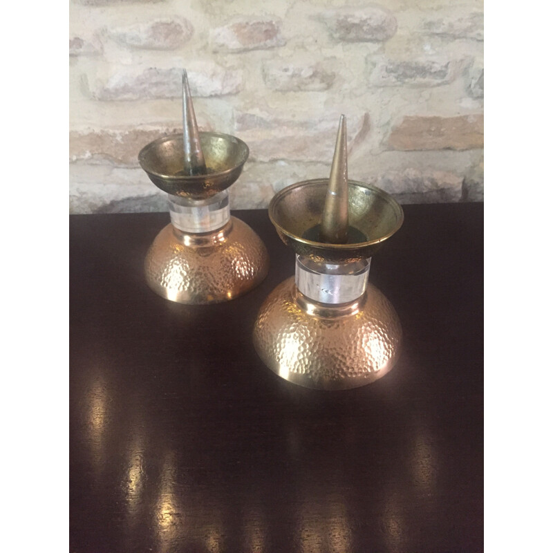 Pair of vintage Art Deco hammered bronze candlesticks