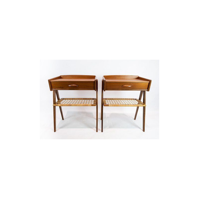 Pair of vintage side tables in teak with paper cord shelf Denmark 1960s