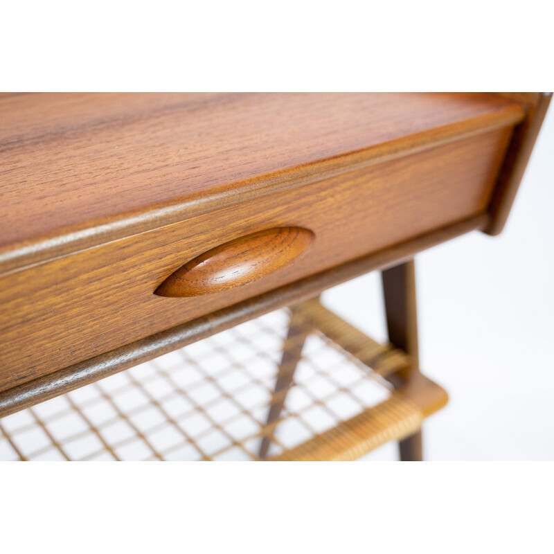 Pair of vintage side tables in teak with paper cord shelf Denmark 1960s