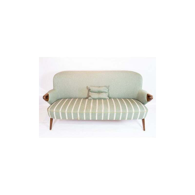 Vintage seater sofa with light green striped fabric and teak legs and arms Denmark 1960s