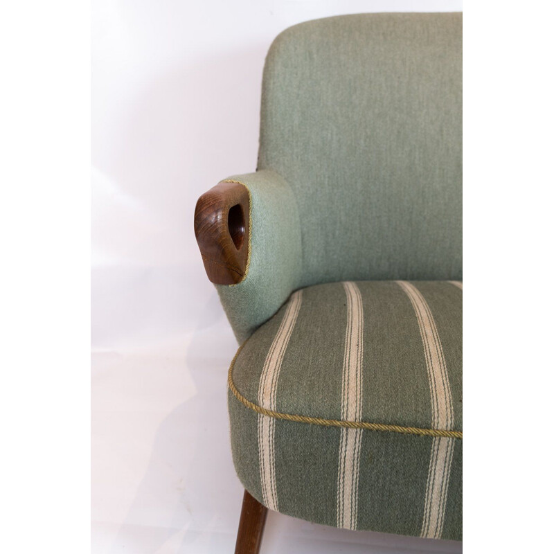 Vintage seater sofa with light green striped fabric and teak legs and arms Denmark 1960s