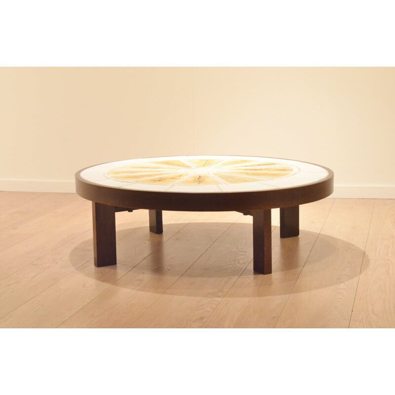 Table basse ovale en céramique et bois, Roger CAPRON - 1960