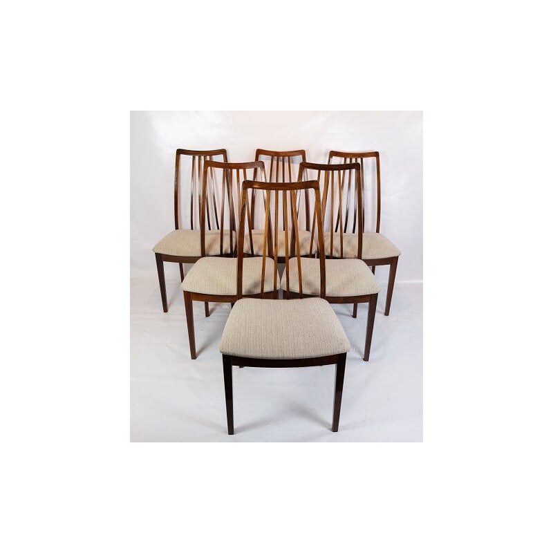 Juego de 6 sillas vintage de palisandro tapizadas en tela de lana clara, Dinamarca 1960