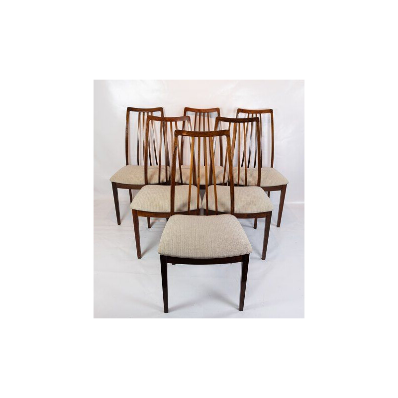 Set van 6 vintage rozenhouten stoelen bekleed met lichte wollen stof, Denemarken 1960