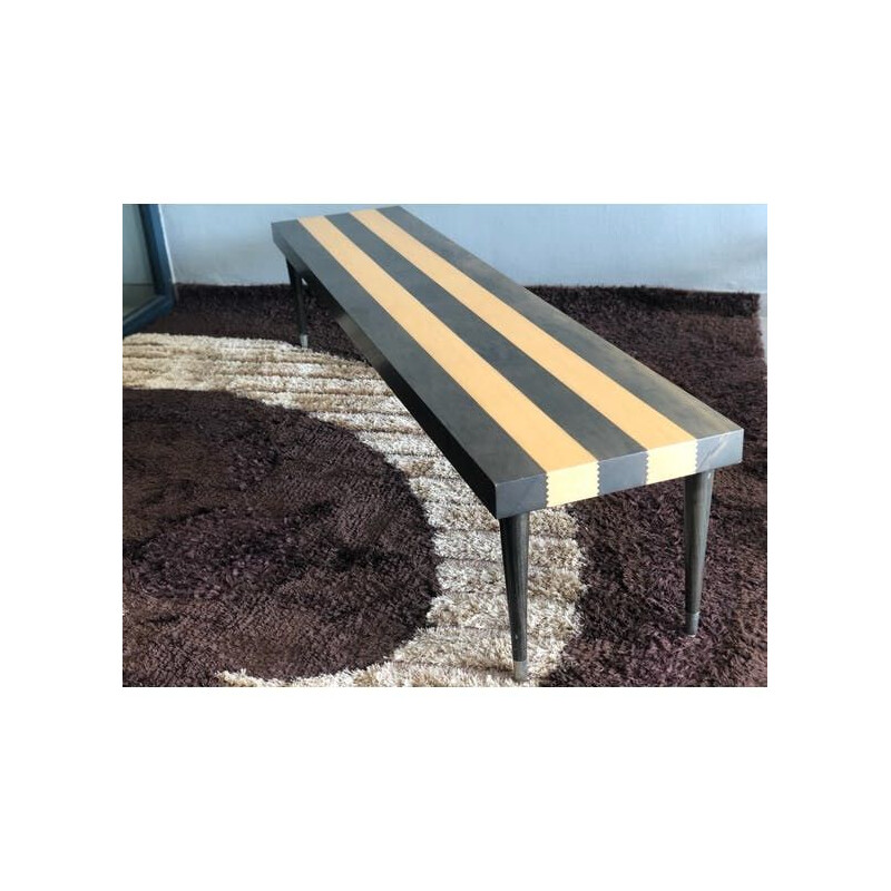 Vintage solid wood bench with stripes and brass foot 1980s