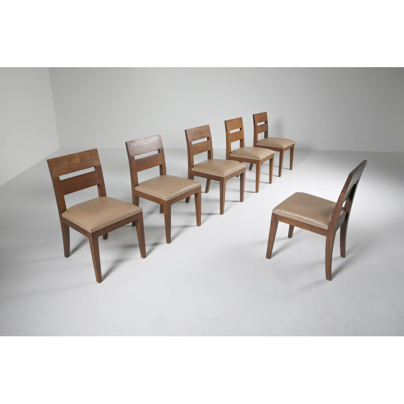 Lot de 6 chaises vintage en chêne et cuir teinté 1999