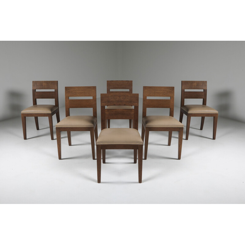 Set of 6 vintage Dining Chairs Stained Oak and Leather 1999s