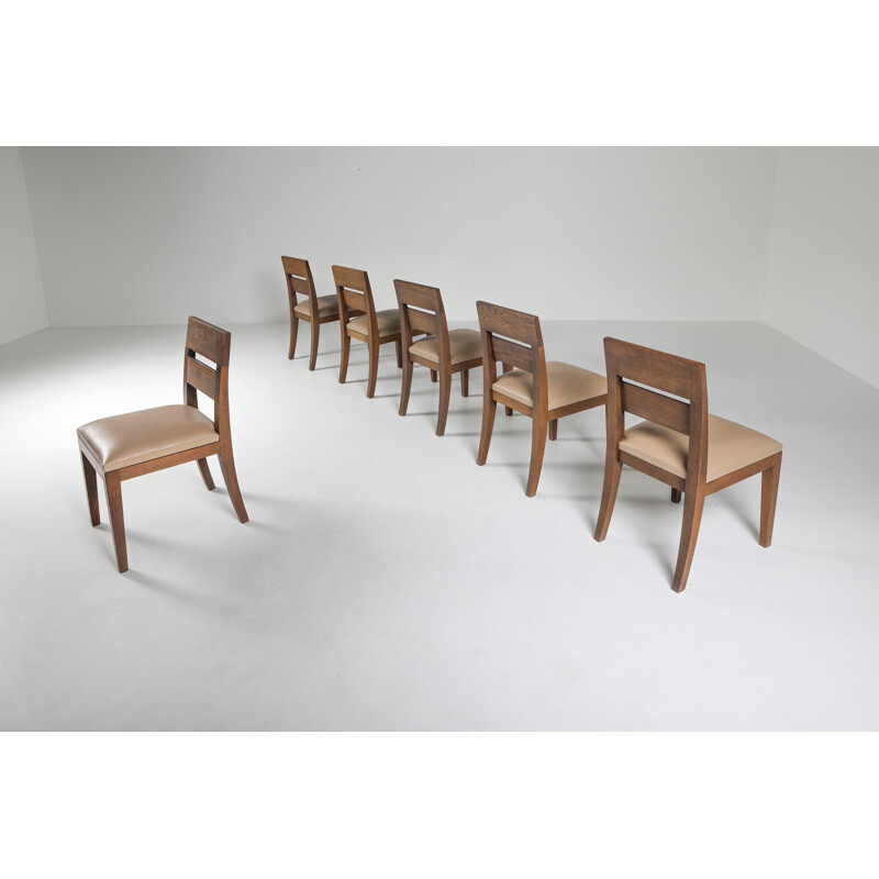 Lot de 6 chaises vintage en chêne et cuir teinté 1999