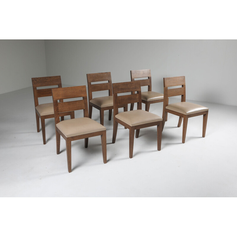 Lot de 6 chaises vintage en chêne et cuir teinté 1999