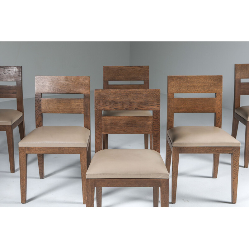 Lot de 6 chaises vintage en chêne et cuir teinté 1999