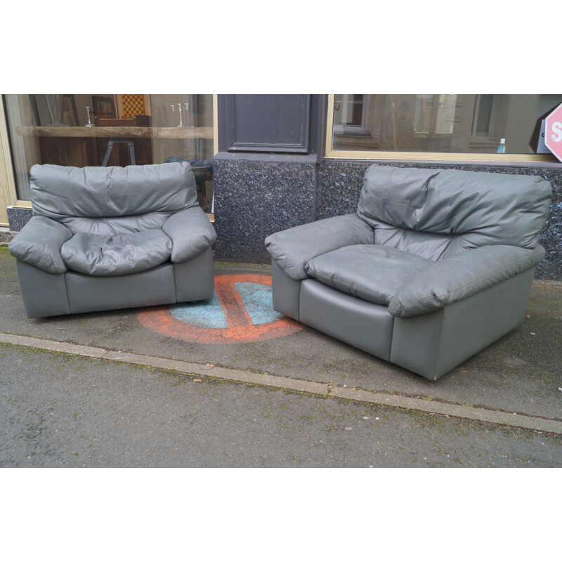 Pair of vintage Roche bobois leather lounge armchairs 1980s