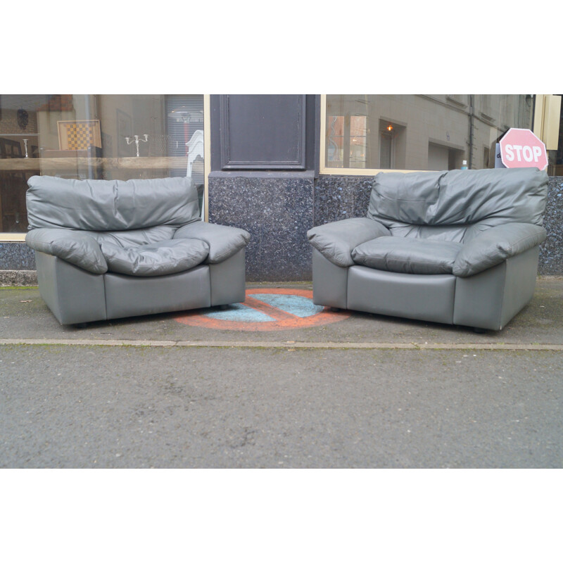 Pair of vintage Roche bobois leather lounge armchairs 1980s