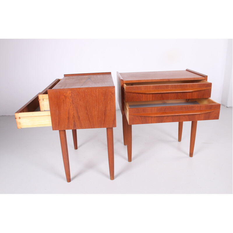Pair of vintage bedside tables with two teak drawers 1960s