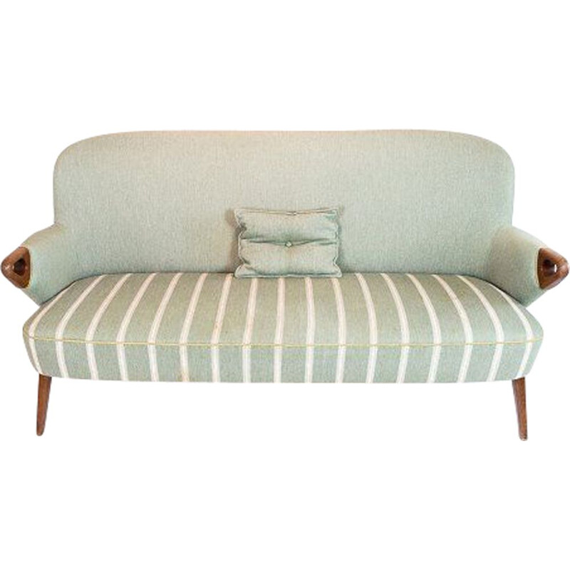 Vintage seater sofa with light green striped fabric and teak legs and arms Denmark 1960s