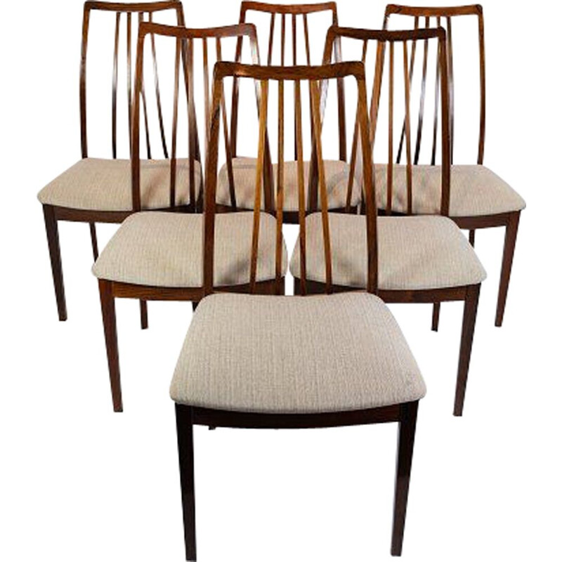 Set van 6 vintage rozenhouten stoelen bekleed met lichte wollen stof, Denemarken 1960