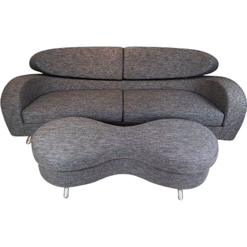 Vintage-Zweisitzersofa aus grauem Wollstoff mit Hocker von der norwegischen Marke Brunstad