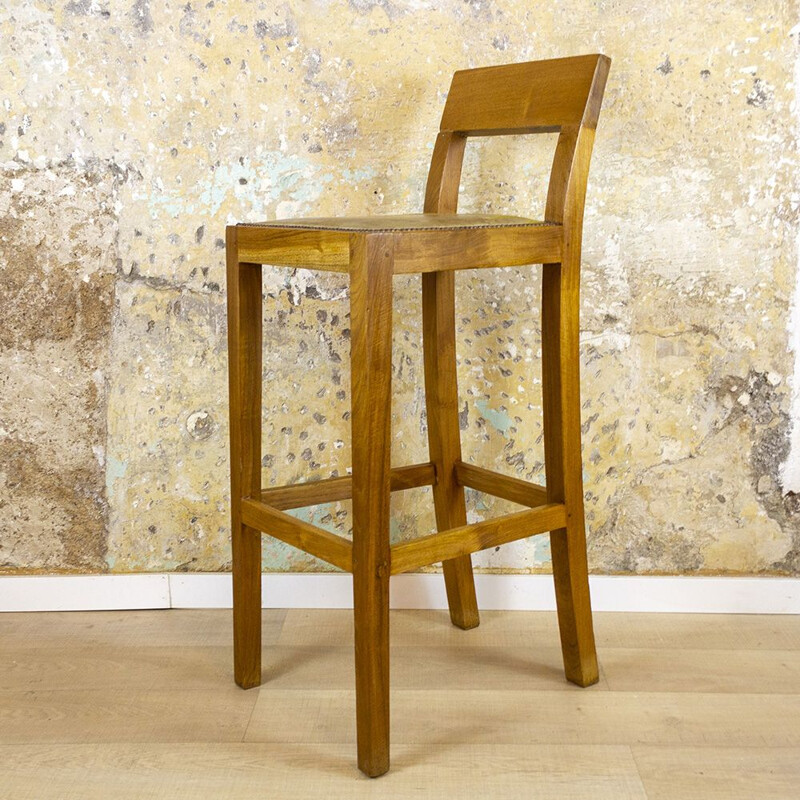 Vintage Tall Oak And Leather Stool 1990s