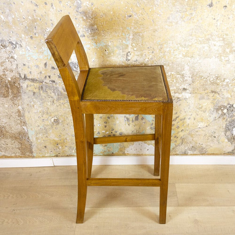 Vintage Tall Oak And Leather Stool 1990s