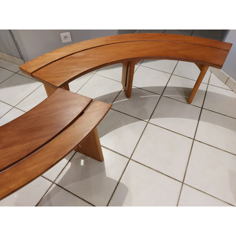 Pair of vintage curved elm benches by Pierre Chapo 1970s