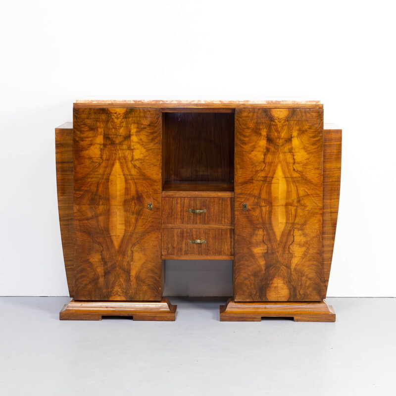 Vintage cabinet in Burl Walnutt with marble table top Art deco