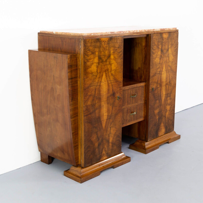 Vintage cabinet in Burl Walnutt with marble table top Art deco
