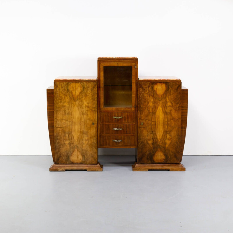 Vintage cabinet in Burl Walnutt with glass vitrine and 3 marble tops Art deco