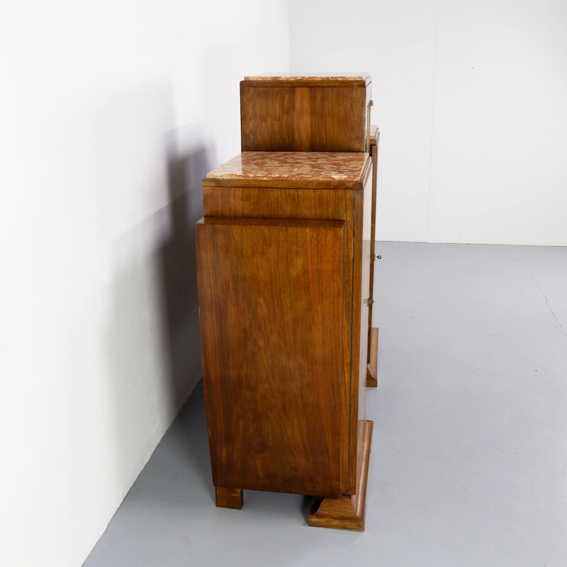 Vintage cabinet in Burl Walnutt with glass vitrine and 3 marble tops Art deco