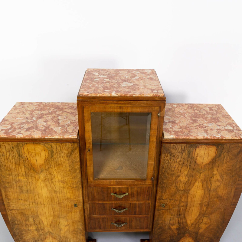 Vintage cabinet in Burl Walnutt with glass vitrine and 3 marble tops Art deco