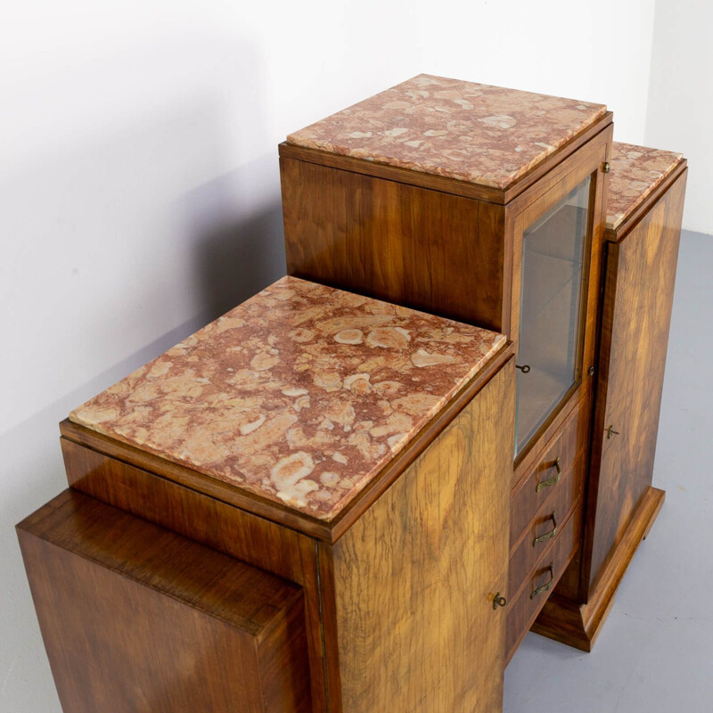 Vintage cabinet in Burl Walnutt with glass vitrine and 3 marble tops Art deco