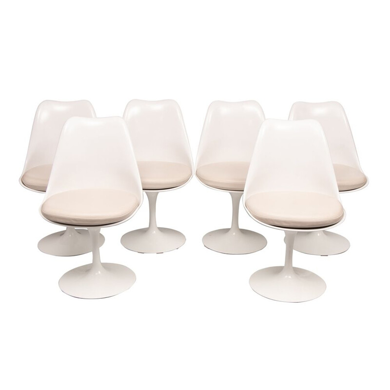 Lot de 6 chaises vintage Tulip avec coussins d'assise en cuir par Eero Saarinen pour Knoll