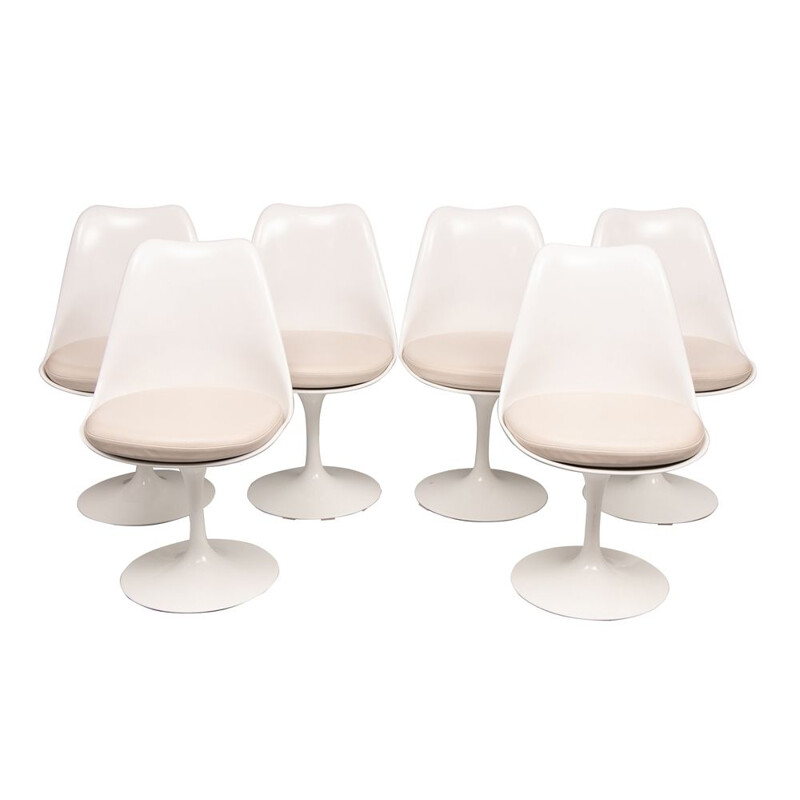 Set of 6 vintage Tulip Chairs with Leather Seat Pads by Eero Saarinen for Knoll