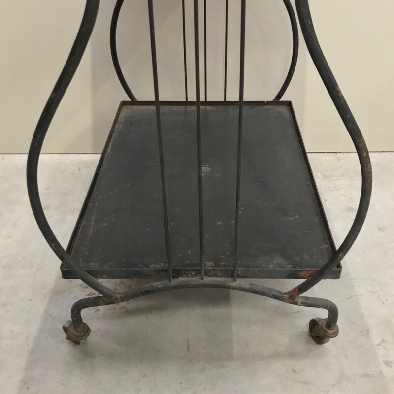 Vintage iron bar cart table with a harp