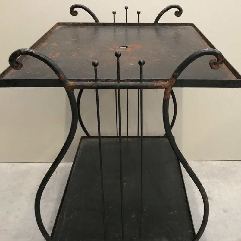 Vintage iron bar cart table with a harp