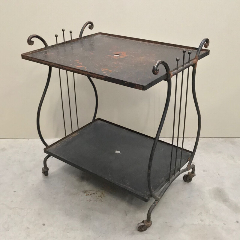 Vintage iron bar cart table with a harp