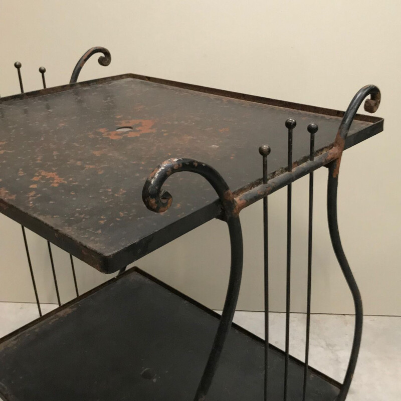 Vintage iron bar cart table with a harp