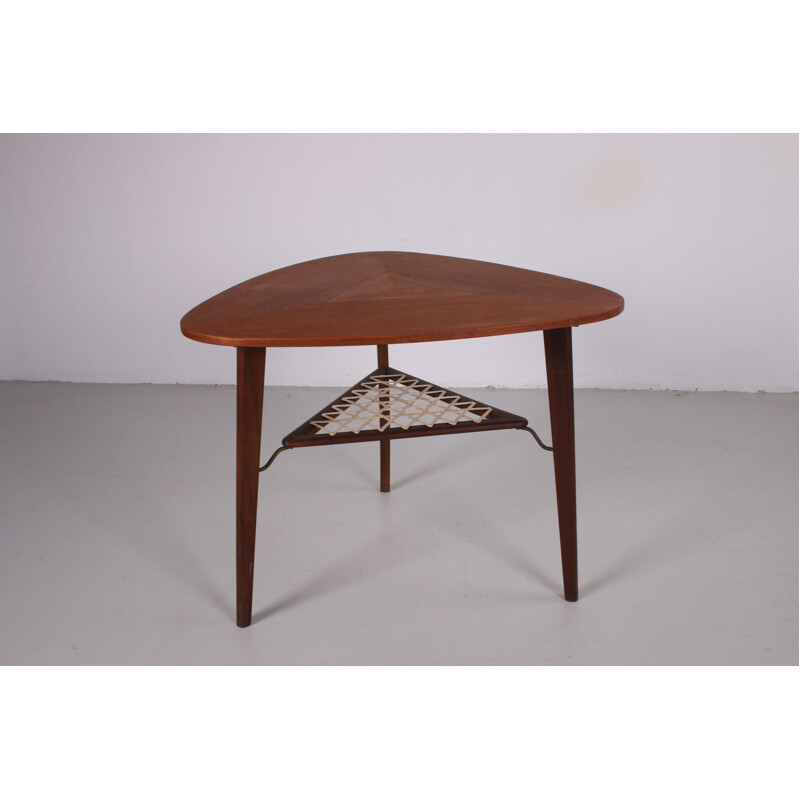Vintage Triangular teak coffee table with rattan rack Danish